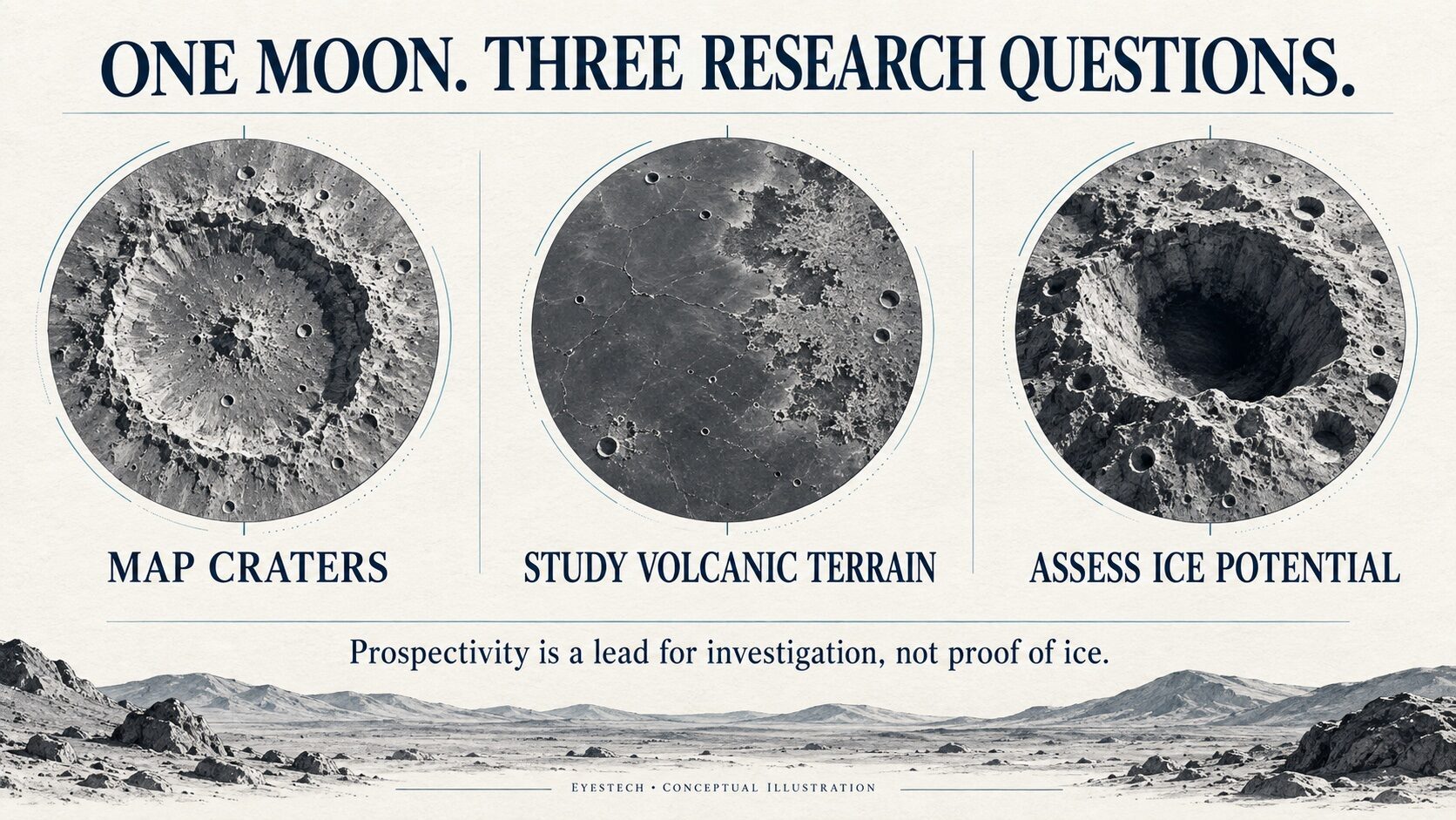 Conceptual lunar terrain illustrations labeled Map Craters, Study Volcanic Terrain, and Assess Ice Potential.