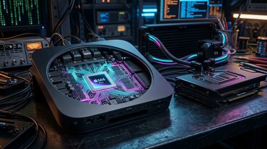 M4 Pro Mac Mini opened chassis showing unified memory traces next to liquid cooled graphics card
