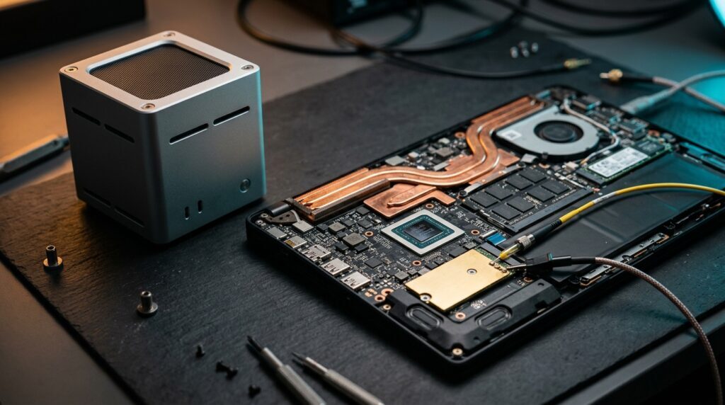 Anodized aluminum desktop compute cube beside an open laptop motherboard showing copper heatpipes, LPDDR5X unified memory, and a gold-shielded M.2 NVMe SSD cache module