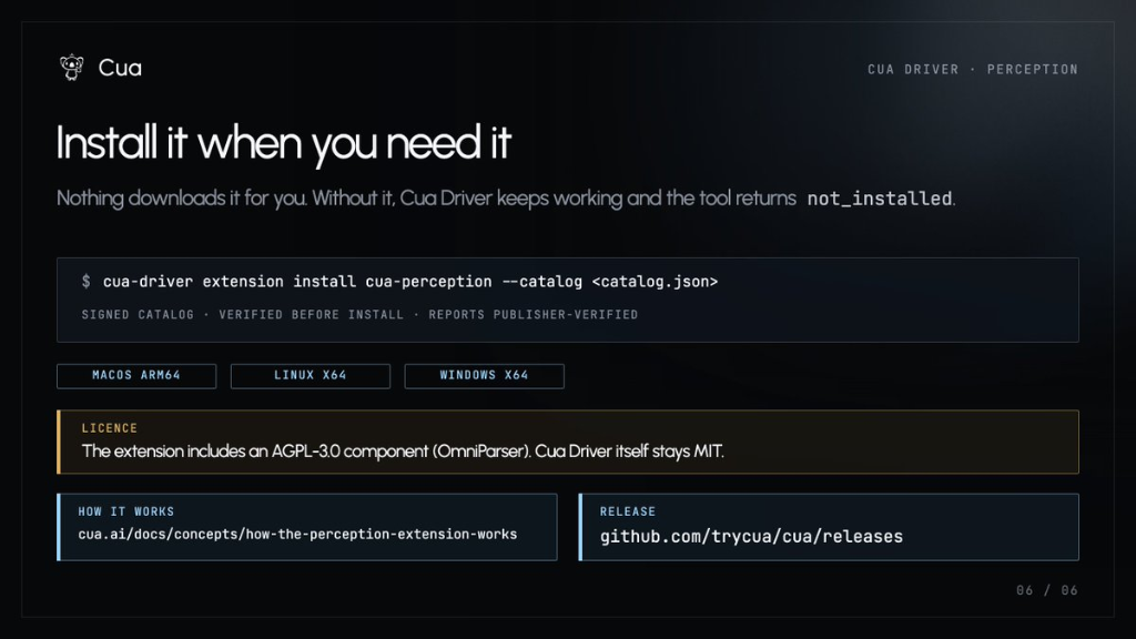 Cua Driver extension install: signed catalogs and AGPL-3.0 licensing decoupling