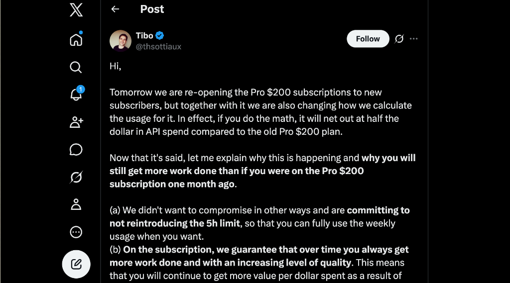 Thibault Tibo Sottiaux thsottiaux announcing OpenAI $200 Pro plan changes on X