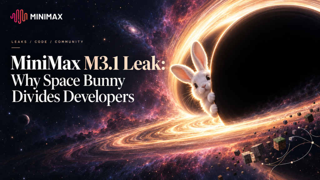 MiniMax M3.1 leak cover: white bunny peeks around a glowing black hole beside the MiniMax logo and headline.
