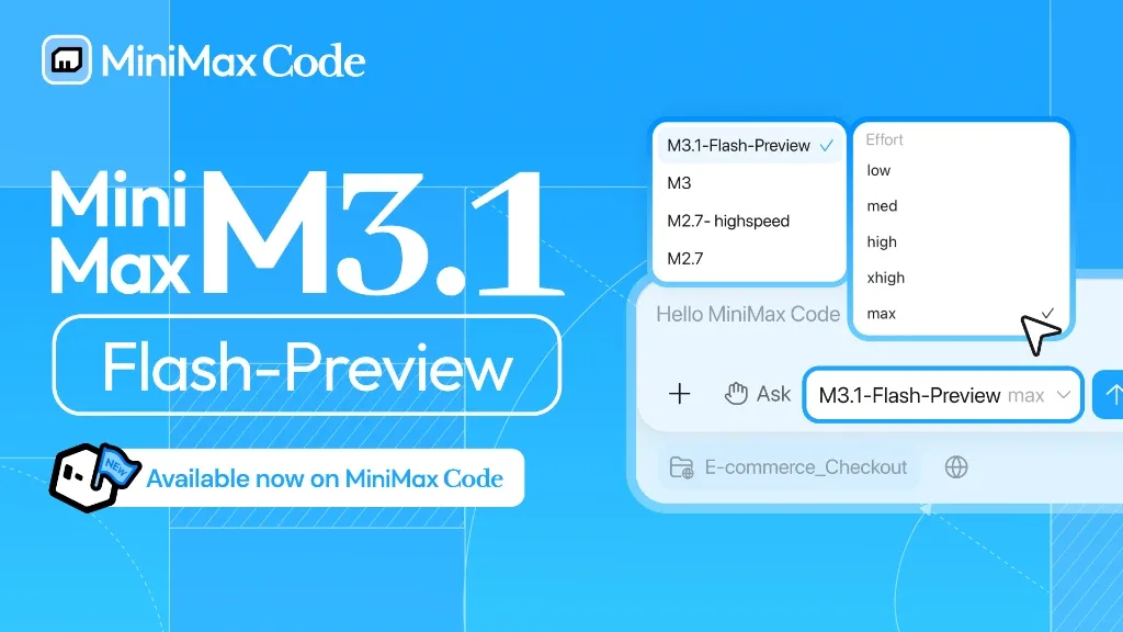 MiniMax M3.1 Flash-Preview UI selector showing model choice and 5-tier reasoning effort dropdown in MiniMax Code
