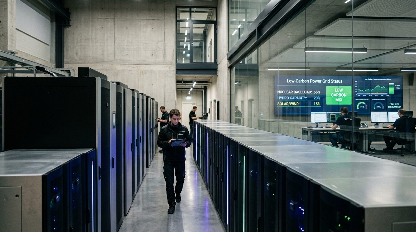 Inside a European sovereign AI supercomputing facility in Paris powering Mistral AI models with low-carbon nuclear and hydro baseload energy