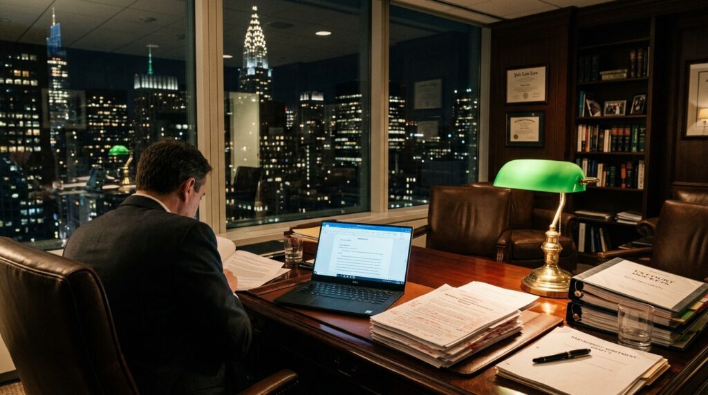 Midtown Manhattan law office desk at night with legal briefs and redlines under banker lamp, illustrating OpenAI Astra for Law deployment