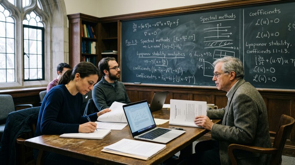 Institute for Advanced Study Princeton seminar room with Navier-Stokes blackboard formulas and mathematical manuscripts