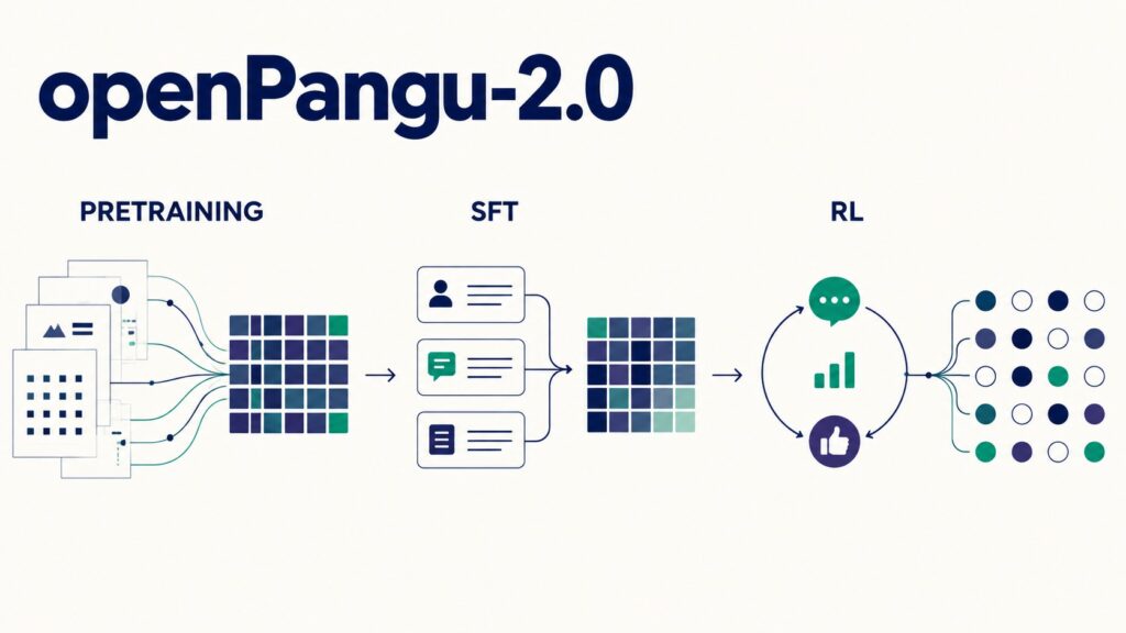 Illustration of Huawei openPangu-2.0 training stages across Ascend NPUs.