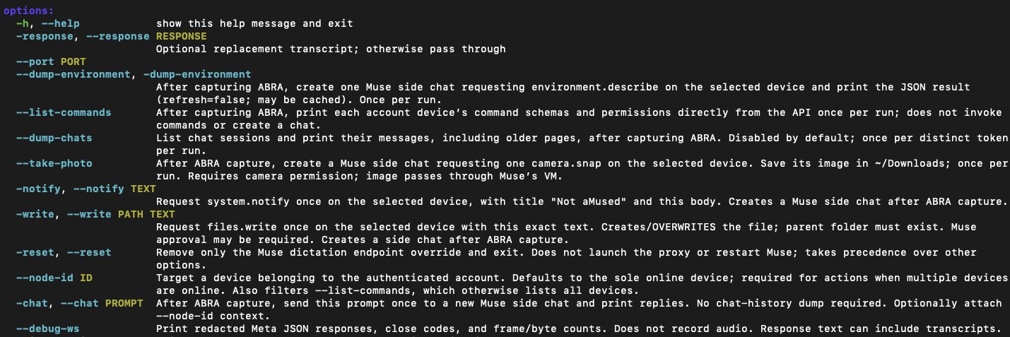 Patrick Wardle not-a-mused terminal exploit menu showing over 50 commands against Meta Muse