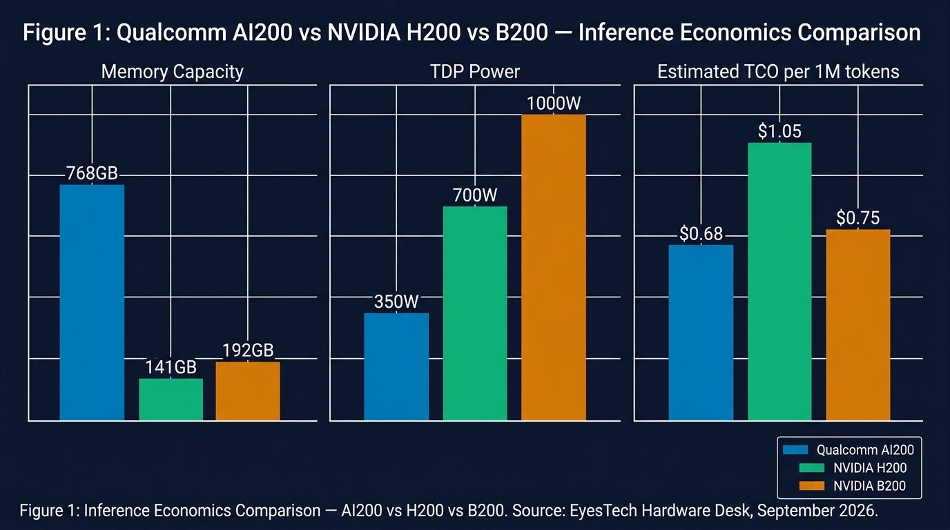 Qualcomm AI200 vs H200 vs B200 — Inference Economics Comparison Chart