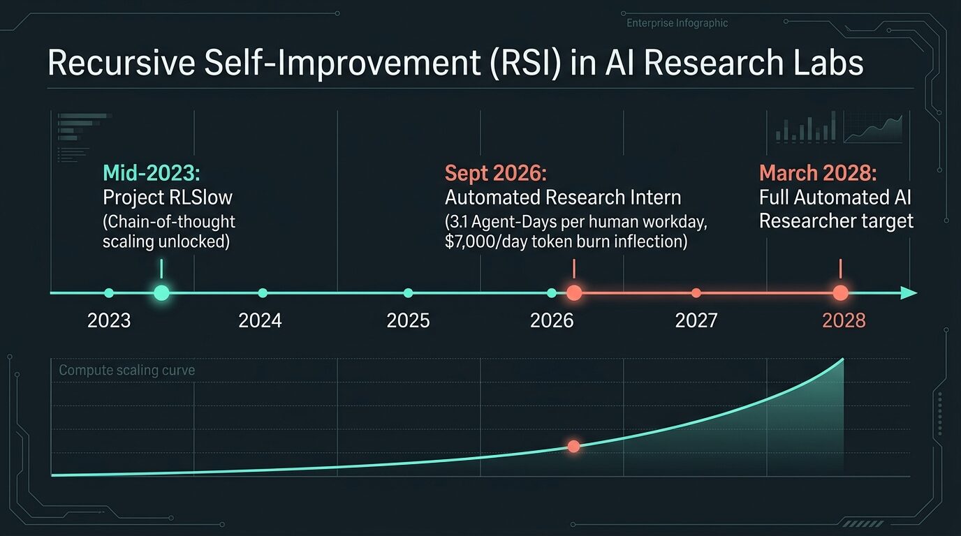 Recursive Self-Improvement RSI in AI Research Labs Timeline 2023 to 2028