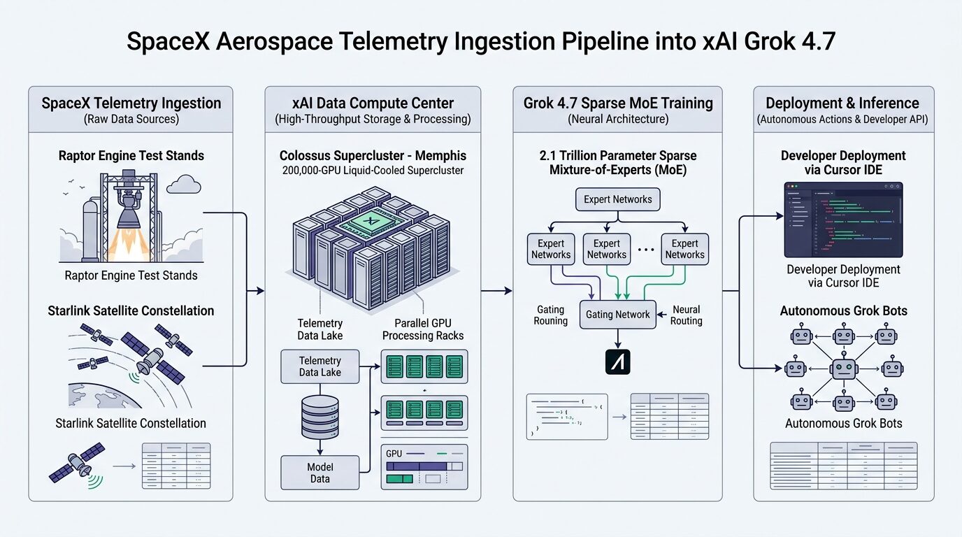 Engineering schematic showing SpaceX Raptor rocket engine test stands and Starlink constellation feeding the Colossus 200K cluster for Grok 4.7 training