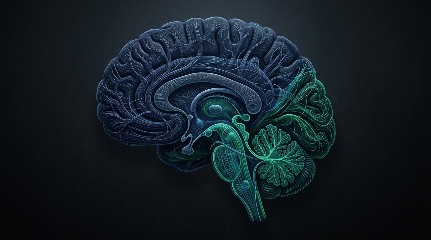 Conceptual scientific illustration of the human brain showing two distinct, fused anatomical systems
