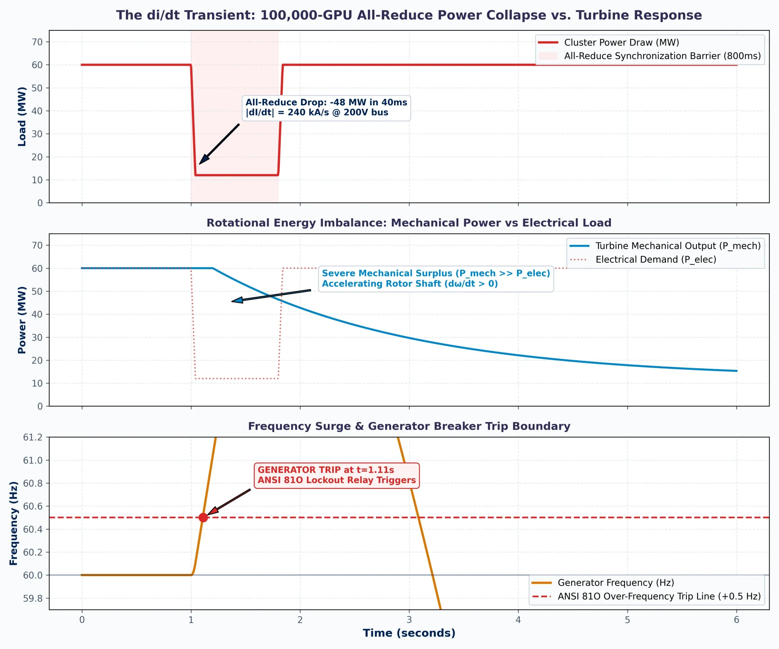 100k GPU di/dt Step-Load Transient: Power Collapse vs Turbine Response Time and Frequency Excursion