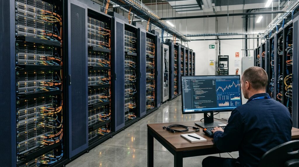 High-density GPU server cluster and developer monitoring terminal running Step 5 Preview agentic software and financial models