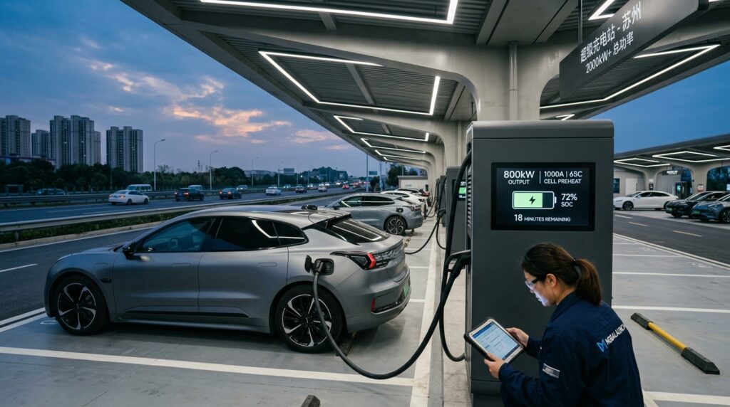 High-power 2,250kW liquid-cooled EV charging dispenser and electric performance sedan at highway charging plaza