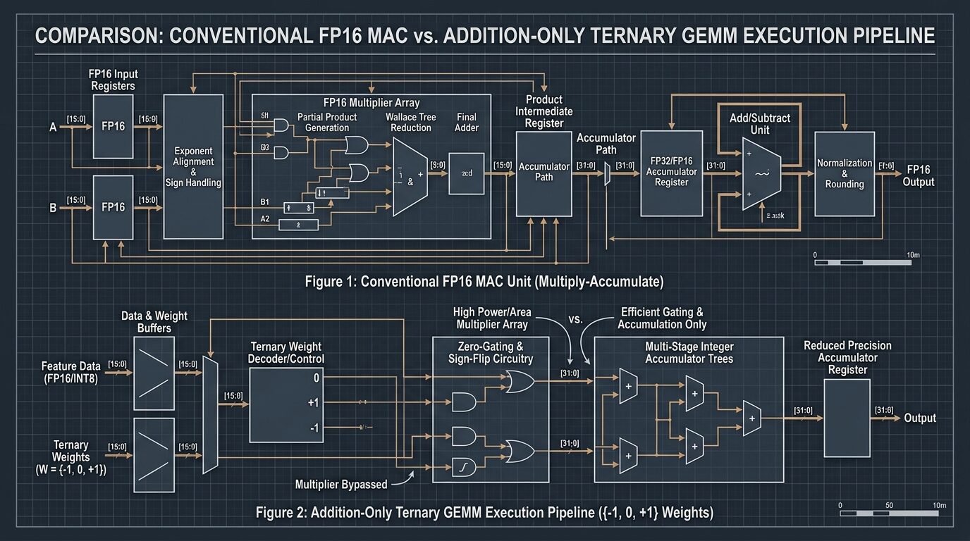 Conventional FP16 MAC vs Addition-Only Ternary GEMM Silicon Architecture
