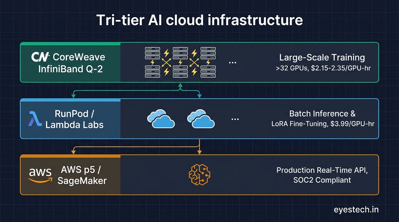Tri-tier AI cloud infrastructure architecture diagram: CoreWeave InfiniBand for training, RunPod & Lambda for batch inference, AWS p5 for production APIs