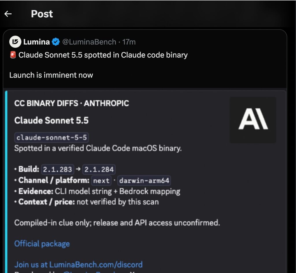 Lumina Tweet on Claude Sonnet 5.5 binary spotting
