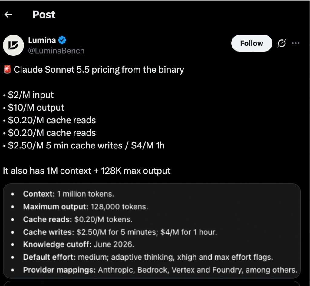 Lumina Tweet on Claude Sonnet 5.5 pricing and context