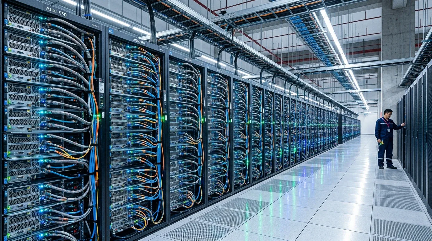 Huawei Atlas 950 SuperPoD liquid-cooled server racks at Ulanqab Data Center Campus