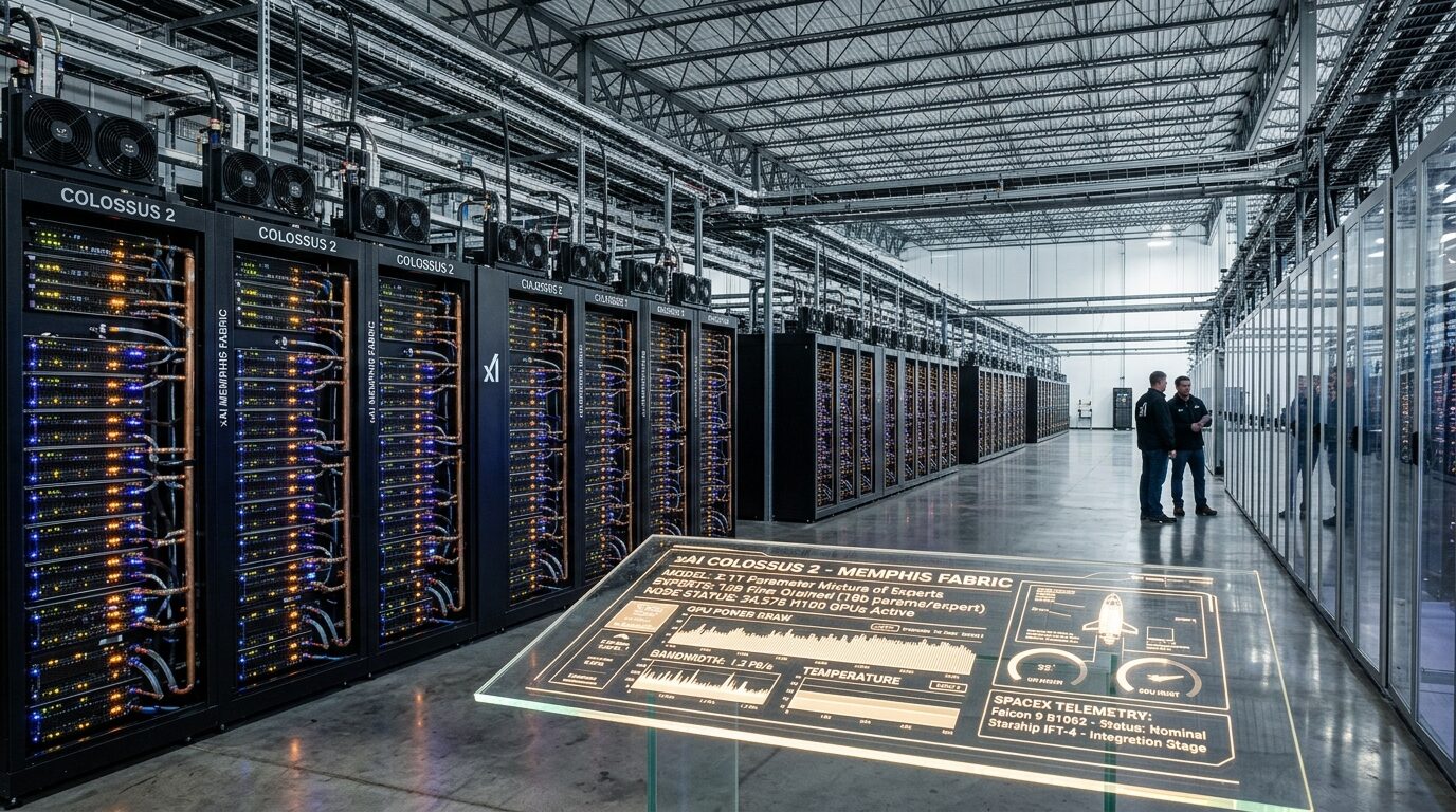 Inside the liquid-cooled server racks of xAI Colossus 2 supercluster in Memphis with holographic cluster dashboard showing 2.1T MoE training and SpaceX streams