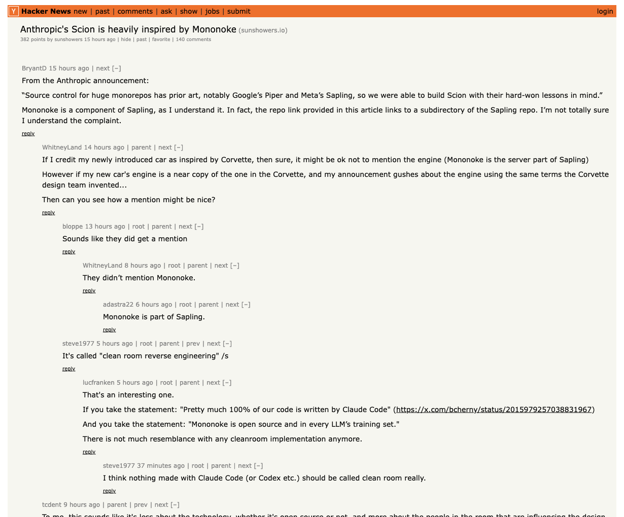 Hacker News Community Discussion on the Scion and Mononoke Lineage Controversy