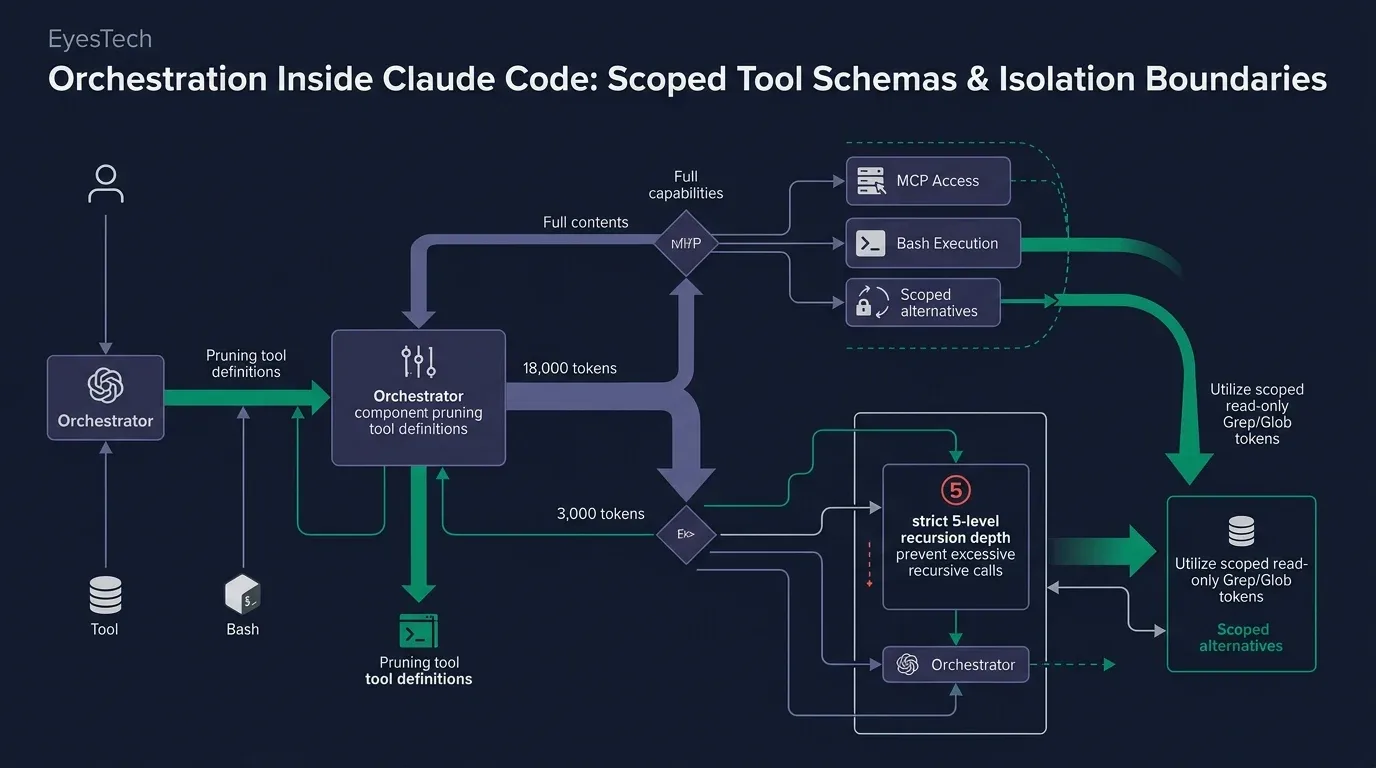 Systems architecture flowchart illustrating dynamic tool schema pruning in Claude Code, dropping heavy Bash and MCP schemas for lightweight read-only Grep and Glob subagents.