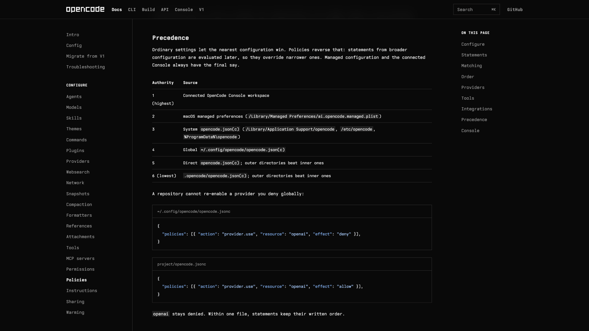Official OpenCode v2 Policy Precedence Hierarchy