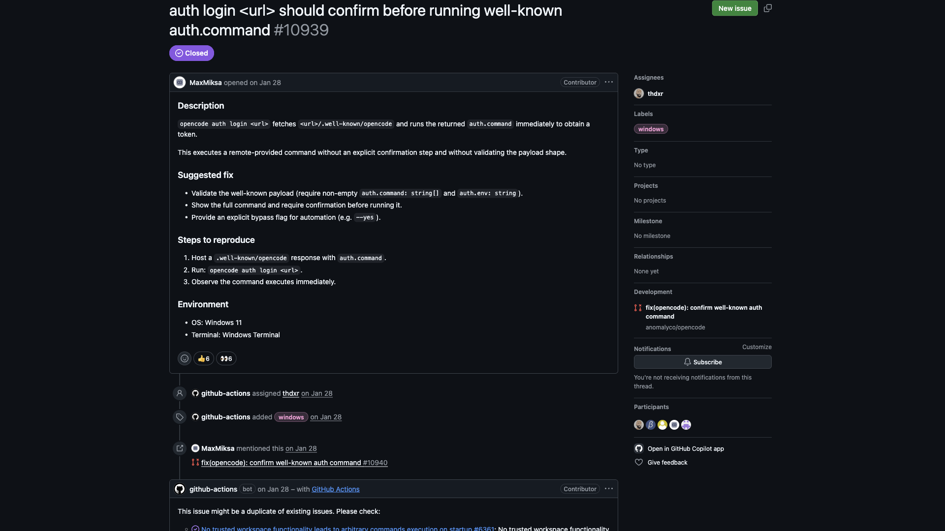 GitHub Issue 10939 Advisory on Remote Well-Known Command Execution