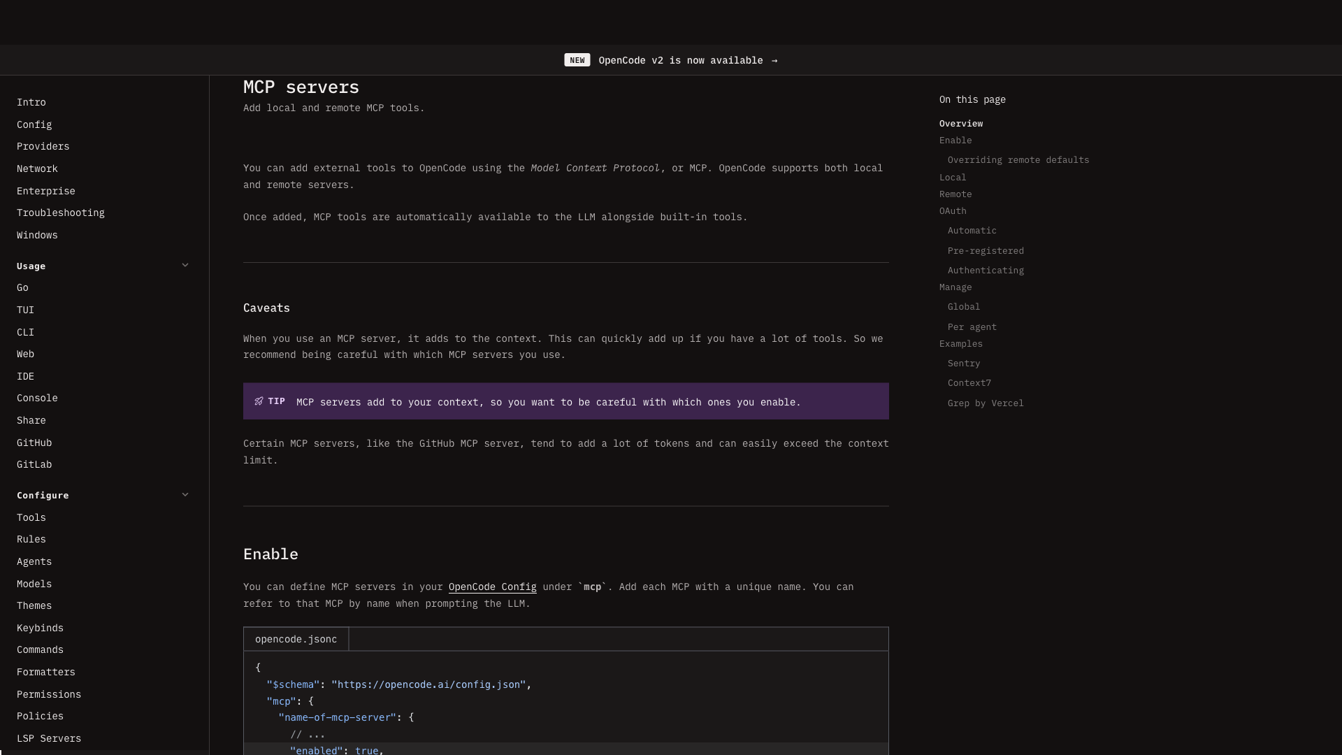 Official OpenCode MCP Documentation Context Bloat Caveat
