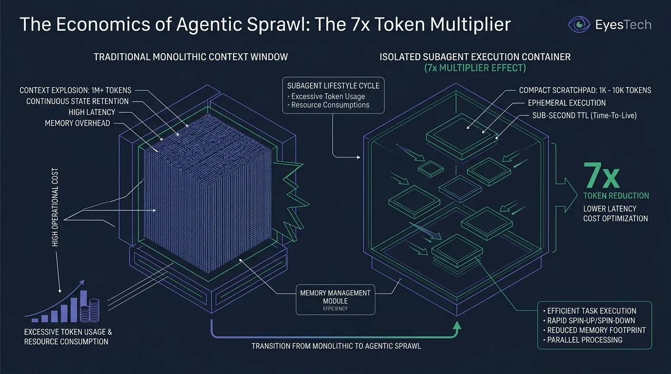 Architectural infographic comparing a monolithic context window exploding with memory versus isolated ephemeral subagent scratchpads with sub-second execution TTL.