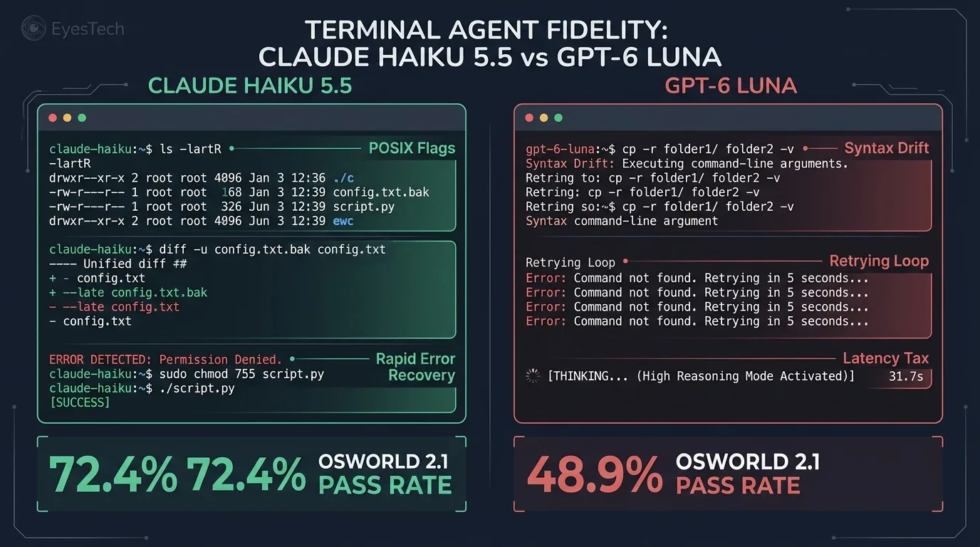 Side-by-side terminal interface comparison showing Claude Haiku 5.5 achieving 72.4% pass rate on OSWorld 2.1 with POSIX accuracy versus GPT-6 Luna with syntax drift and retrying loops.