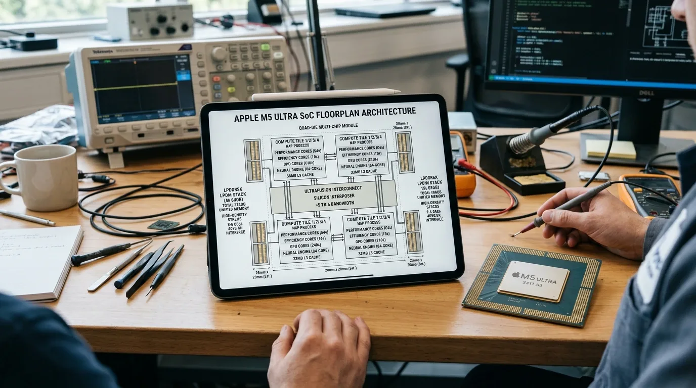 Apple M5 Ultra SoC Floorplan and LPDDR5X Unified Memory Stacks