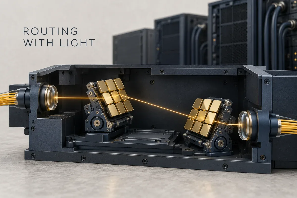 AI-generated conceptual illustration of a MEMS optical circuit switch directing a beam of light between fiber ports. It is not a photograph or verified rendering of Palomar hardware.