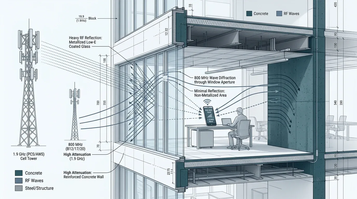 Architectural cross-section of indoor RF penetration: 1.9 GHz vs 800 MHz diffraction