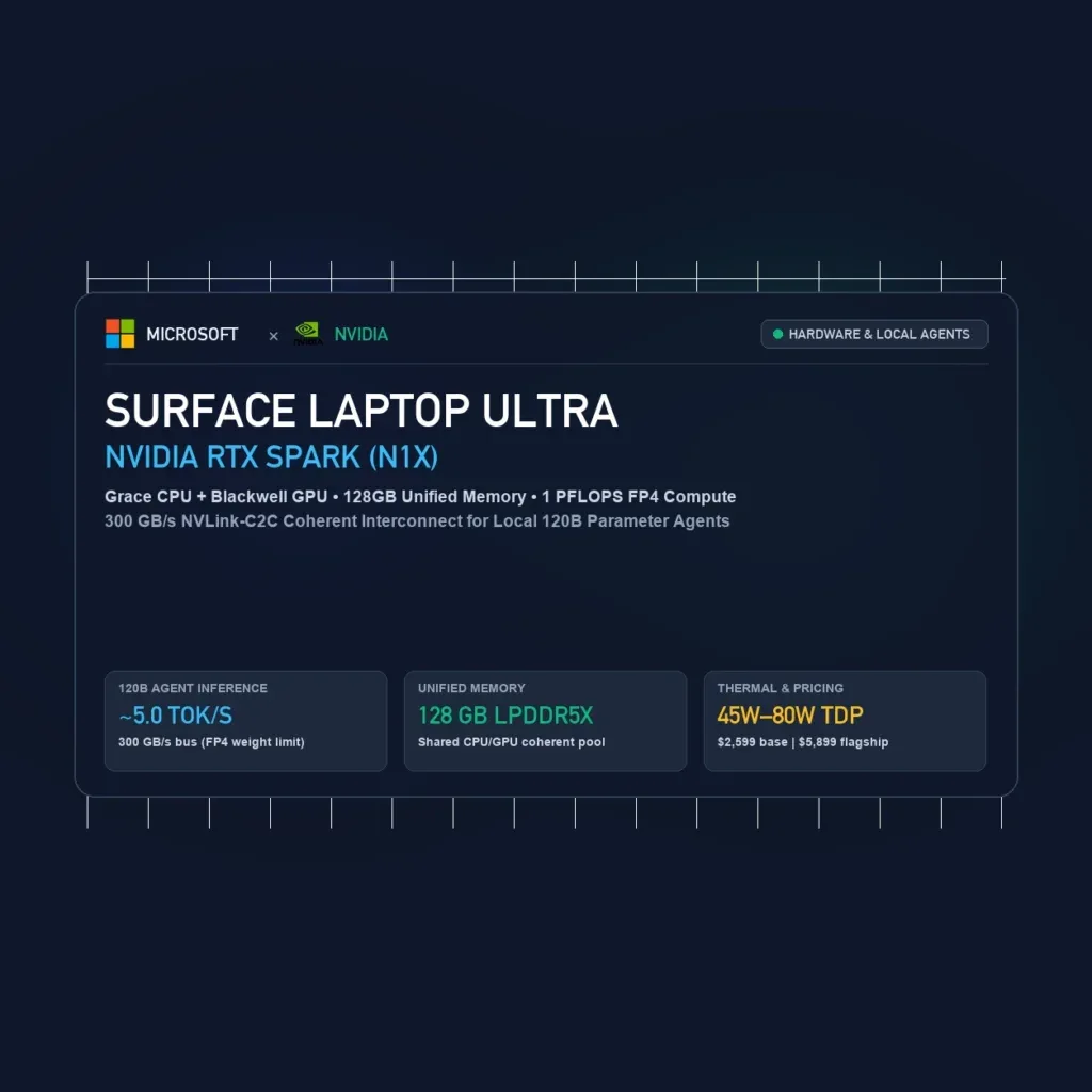 Surface Laptop Ultra & RTX Spark: 1 PFLOPS Grace+Blackwell SoC for 120B Local Agents